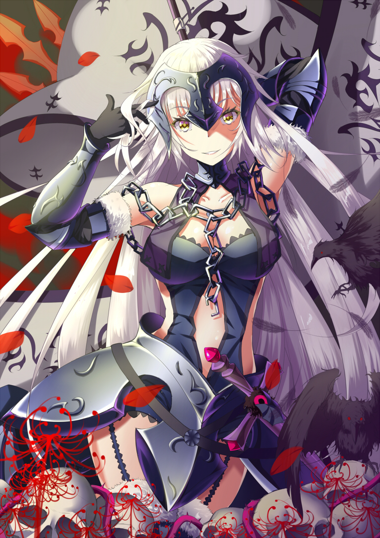 1girl absurdly_long_hair black_gloves breasts chains cleavage collarbone cowboy_shot elbow_gloves eyebrows_visible_through_hair fate/grand_order fate_(series) floating_hair fur_trim gloves jeanne_alter large_breasts long_hair looking_at_viewer parted_lips ruler_(fate/apocrypha) silver_hair skull smile solo standing very_long_hair xi_zhujia_de_rbq yellow_eyes