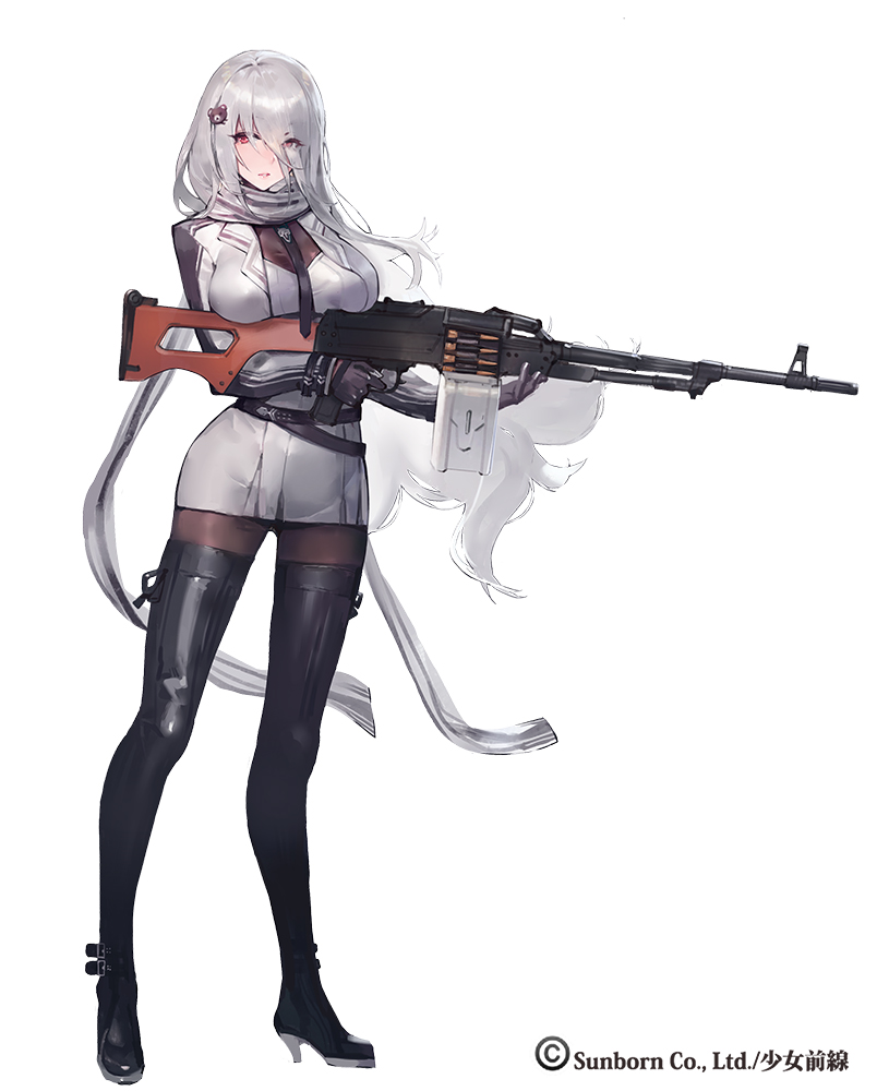 1girl ammunition ammunition_belt bear_hair_ornament belt between_breasts black_footwear black_gloves black_legwear blazer blush bodystocking boots breast_hold breasts dress erect_nipples eyebrows eyebrows_visible_through_hair finger_on_trigger full_body girls_frontline gloves gun hair_between_eyes hair_ornament hair_over_one_eye head_tilt high_heel_boots high_heels holding holding_gun holding_weapon impossible_clothes jacket kishiyo large_breasts long_hair looking_at_viewer machine_gun magazine_(weapon) necktie necktie_between_breasts nose official_art pantyhose parted_lips pk_(girls_frontline) pk_machine_gun pkm pleated_dress red_eyes revision scarf short_dress silver_hair simple_background solo standing strap thigh-highs thigh_boots transparent_background very_long_hair weapon white_background white_dress white_hair white_scarf zettai_ryouiki