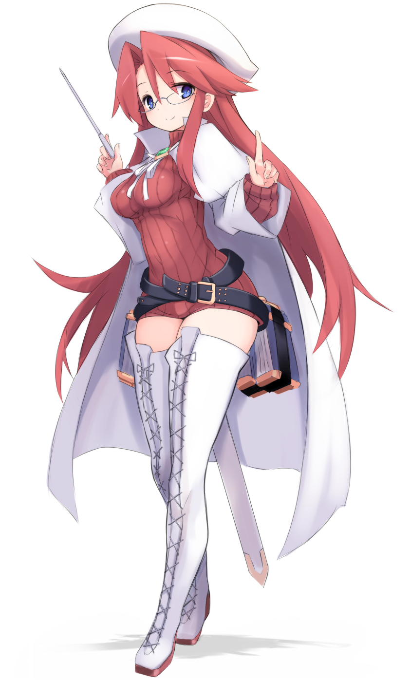 1girl aty_(summon_night) belt beret blue_eyes blush book boots breasts cape dress glasses hat highres karukan_(monjya) large_breasts long_hair long_sleeves looking_at_viewer red_sweater redhead smile solo summon_night summon_night_3 sweater sword thigh-highs thigh_boots weapon white_footwear white_legwear