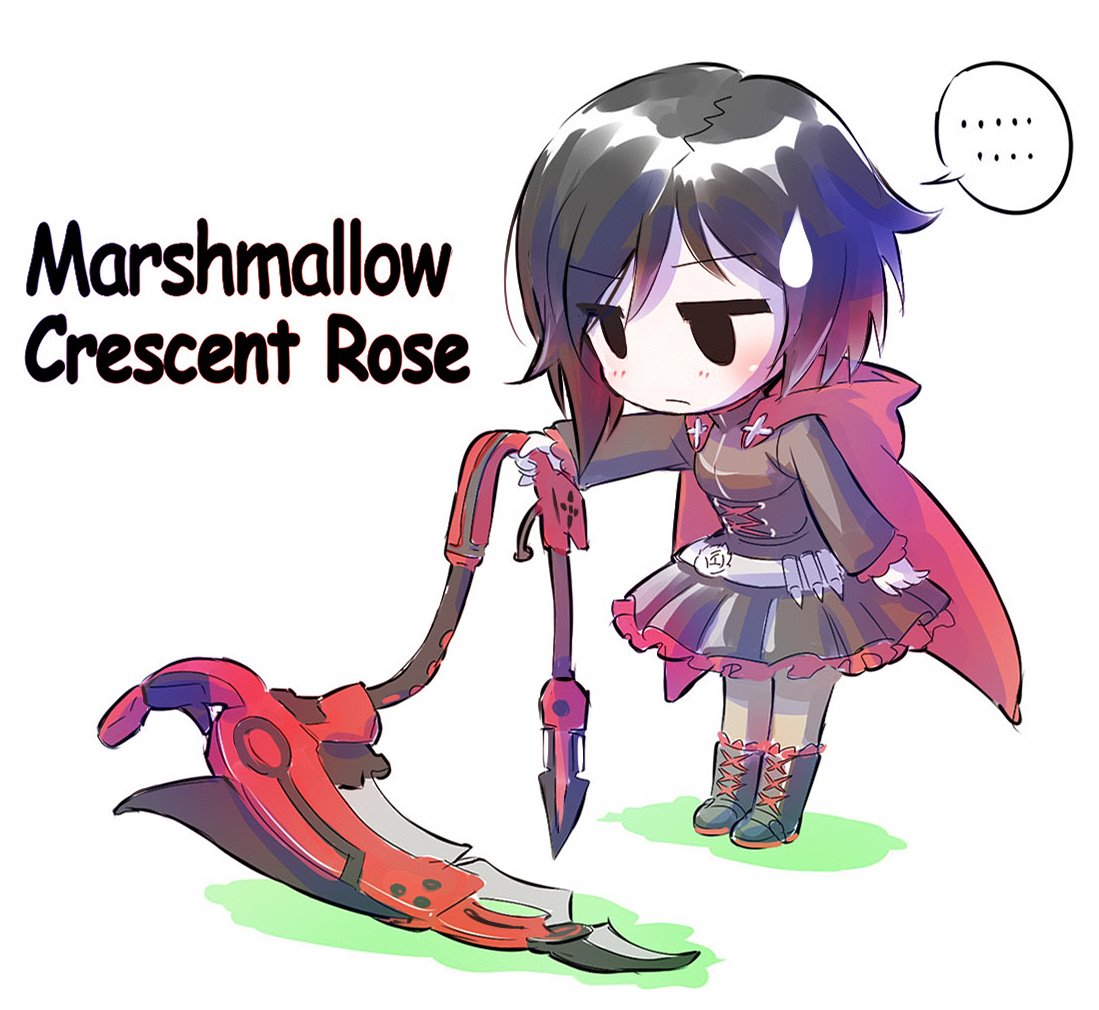 ... 1girl boots cape chibi crescent_rose iesupa inflatable_toy ruby_rose rwby scythe solo speech_bubble sweatdrop