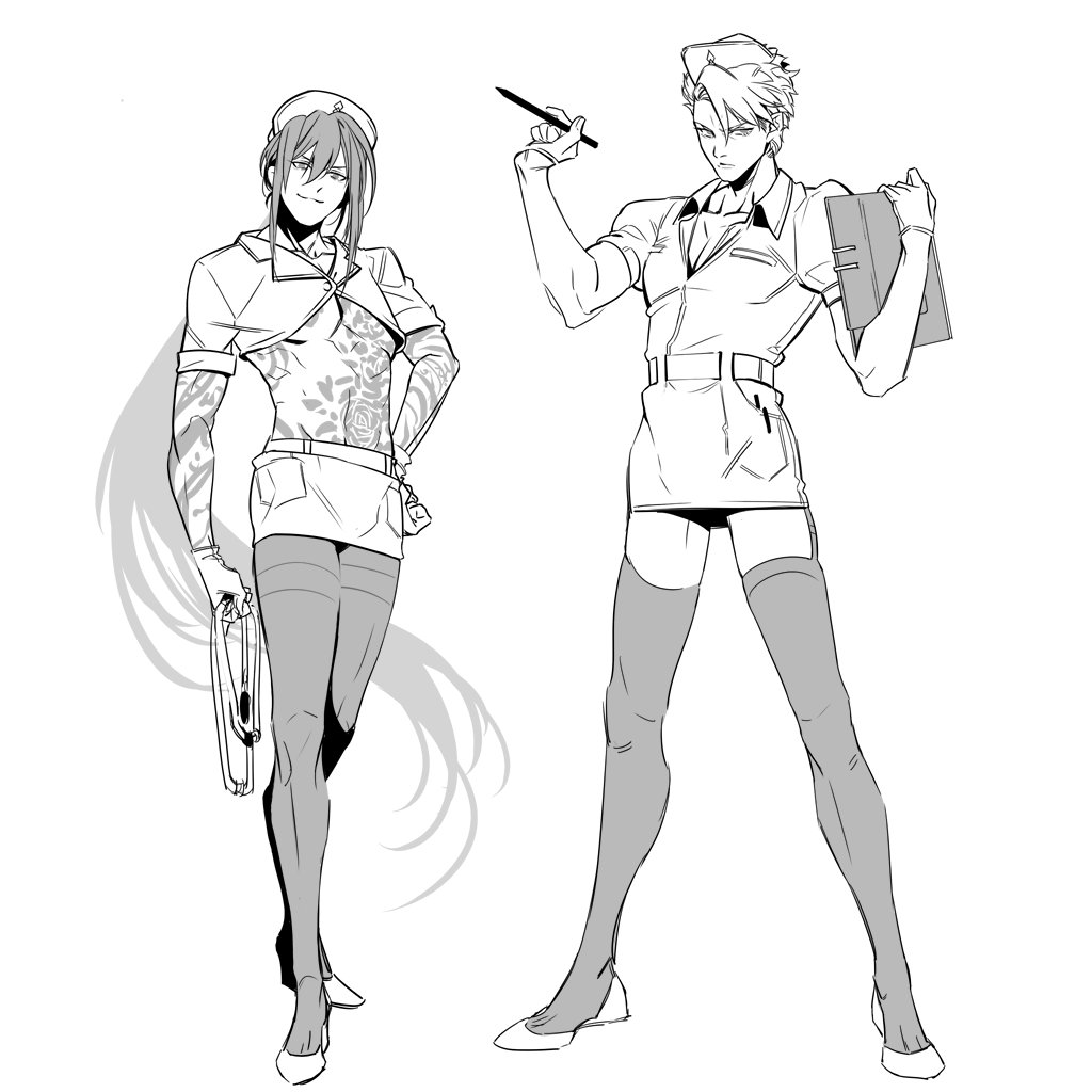 2boys crop_top crossdressinging fate/grand_order fate_(series) full_body garters gloves greyscale hand_on_hip hat juer1004 lancelot_(fate/grand_order) long_hair looking_at_viewer monochrome multiple_boys nurse nurse_cap pectorals pen ponytail simple_background stethoscope tattoo white_background yan_qing_(fate/grand_order)