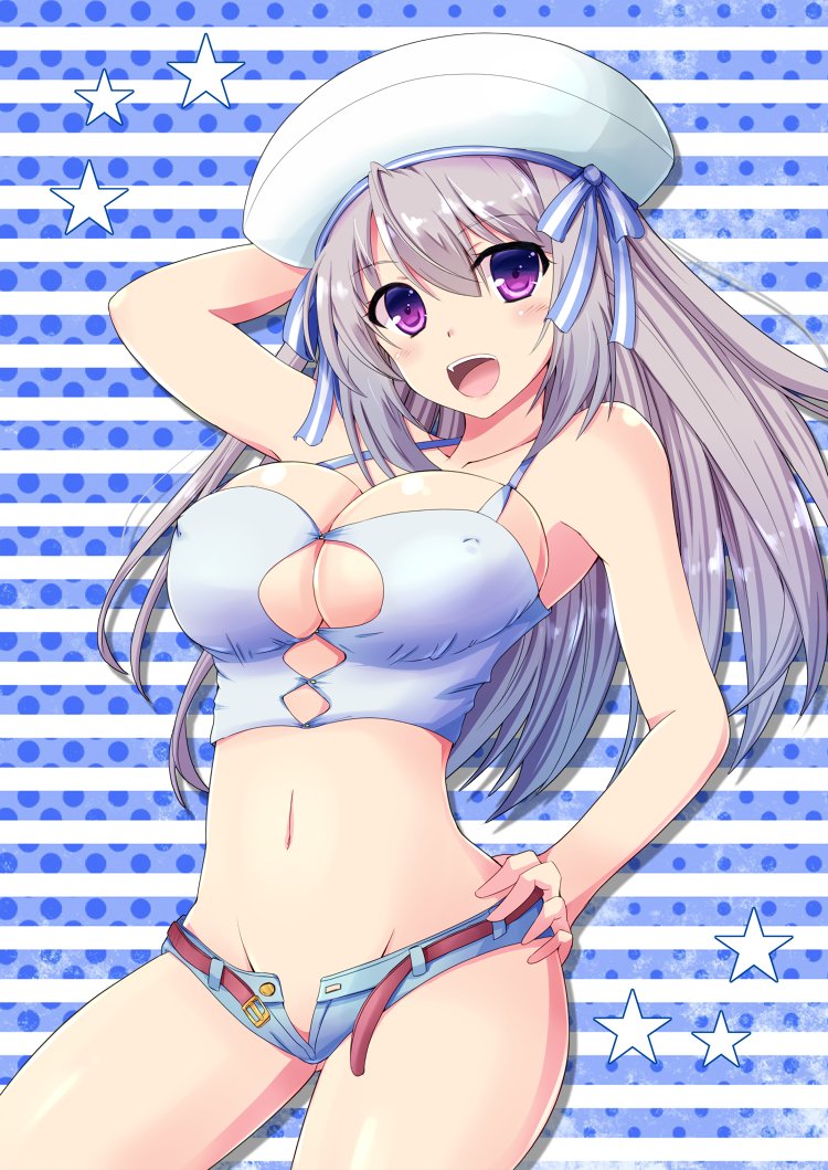 1girl :d belt blue_background blue_shorts bow breasts bursting_breasts character_request cilfy cleavage_cutout copyright_request cowboy_shot grey_hair hand_on_hip hat hat_bow large_breasts long_hair looking_at_viewer micro_shorts navel no_panties open_mouth shiny shiny_skin shorts smile solo star striped striped_background violet_eyes white_hat