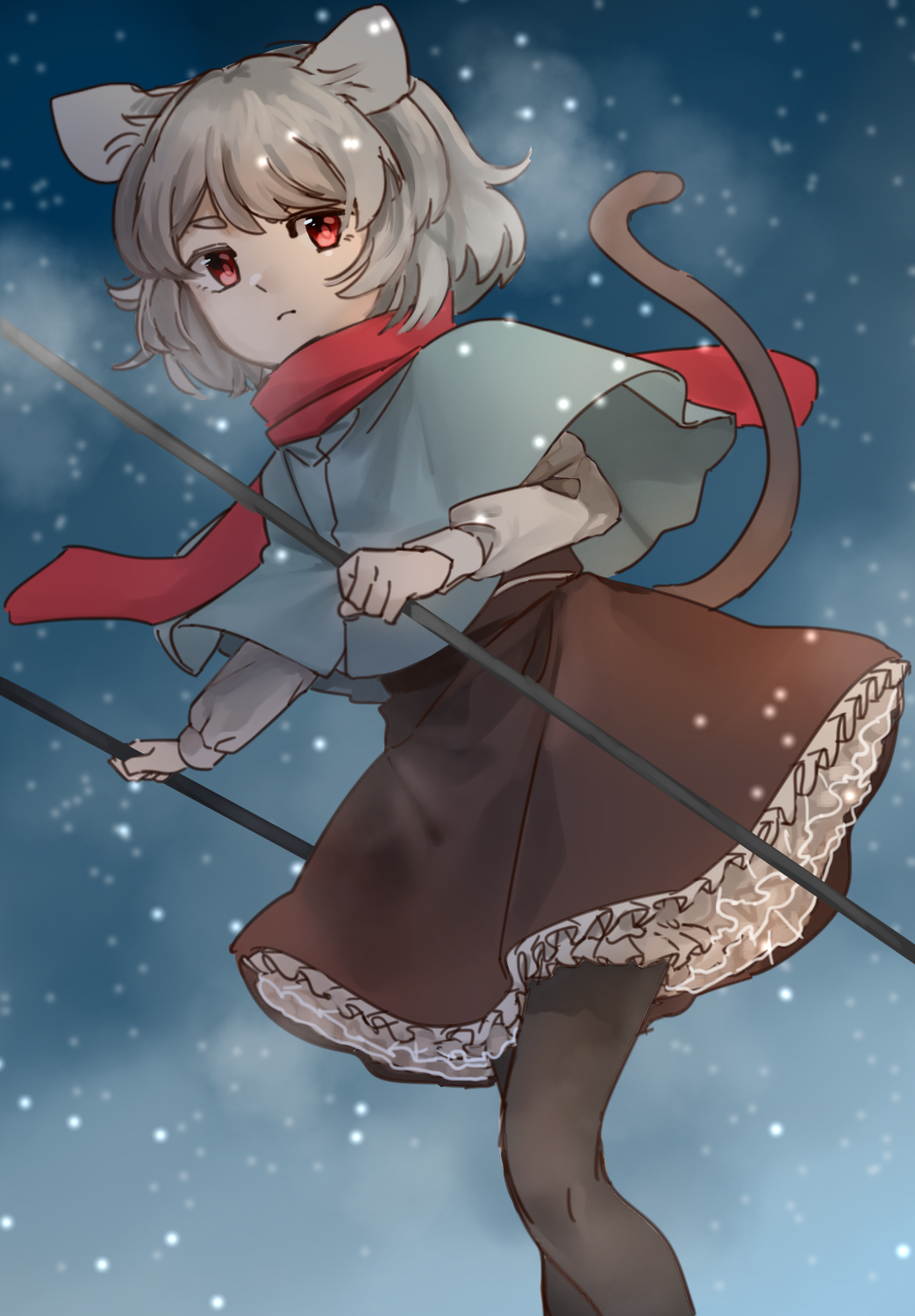 1girl animal_ears capelet commentary_request dowsing_rod grey_hair highres holding iirodo long_sleeves looking_at_viewer mouse_ears nazrin pantyhose red_eyes red_scarf scarf short_hair snowing solo tail touhou