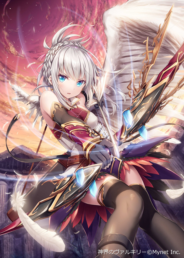 1girl akkijin angel archery armor bare_shoulders blue_eyes bow braid feathered_wings feathers looking_at_viewer orange_sky outdoors ruins shinkai_no_valkyrie silver_hair single_wing sky solo thigh-highs wings