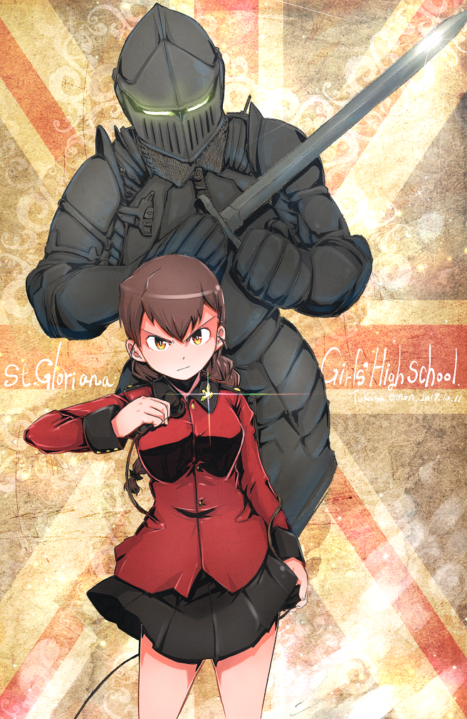 1girl artist_name bangs black_skirt braid brown_eyes brown_hair closed_mouth copyright_name cowboy_shot dated epaulettes girls_und_panzer hair_tie holding jacket knight light_frown long_hair long_sleeves looking_at_viewer microphone military military_uniform miniskirt pleated_skirt red_jacket rukuriri signature single_braid skirt st._gloriana's_military_uniform standing sword tsukasa-emon uniform weapon