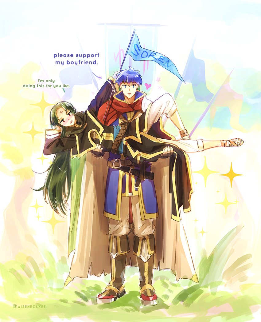 2boys black_hair blue_eyes blue_hair cape carrying facial_mark fire_emblem fire_emblem:_souen_no_kiseki fire_emblem_heroes flag gloves headband ike long_hair looking_at_viewer male_focus multiple_boys red_eyes short_hair smile soren