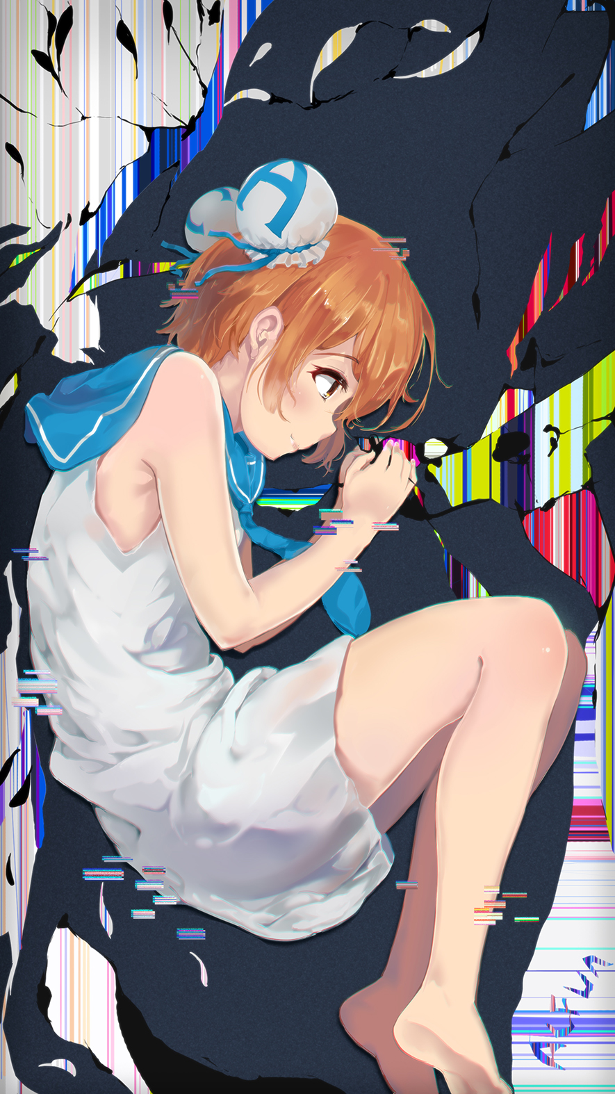 1girl acfun acfun_girl bare_arms bare_legs bare_shoulders barefoot blue_sailor_collar blush brown_eyes bun_cover closed_mouth curled_up distortion double_bun dress from_side full_body highres lying mianbaoshi_mengxiang on_side orange_hair profile sailor_collar sailor_dress short_hair smile solo white_dress