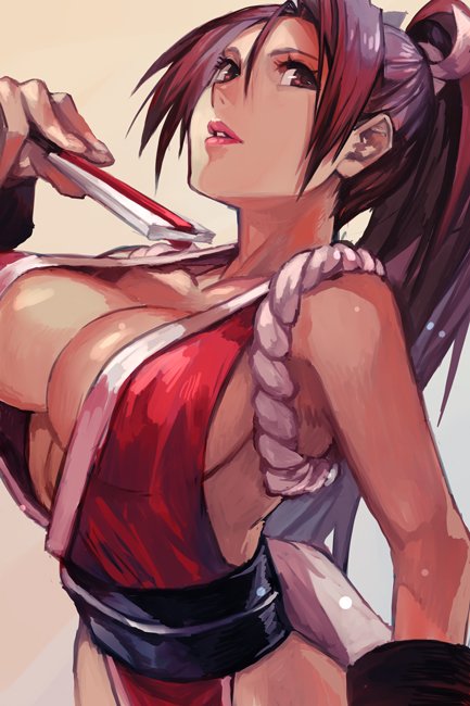 1girl breasts brown_eyes brown_hair cleavage fan folding_fan hair_between_eyes hand_up hankuri holding large_breasts lips lipstick long_hair looking_at_viewer makeup obi parted_lips ponytail revealing_clothes sash shiranui_mai sideboob sleeveless solo the_king_of_fighters upper_body