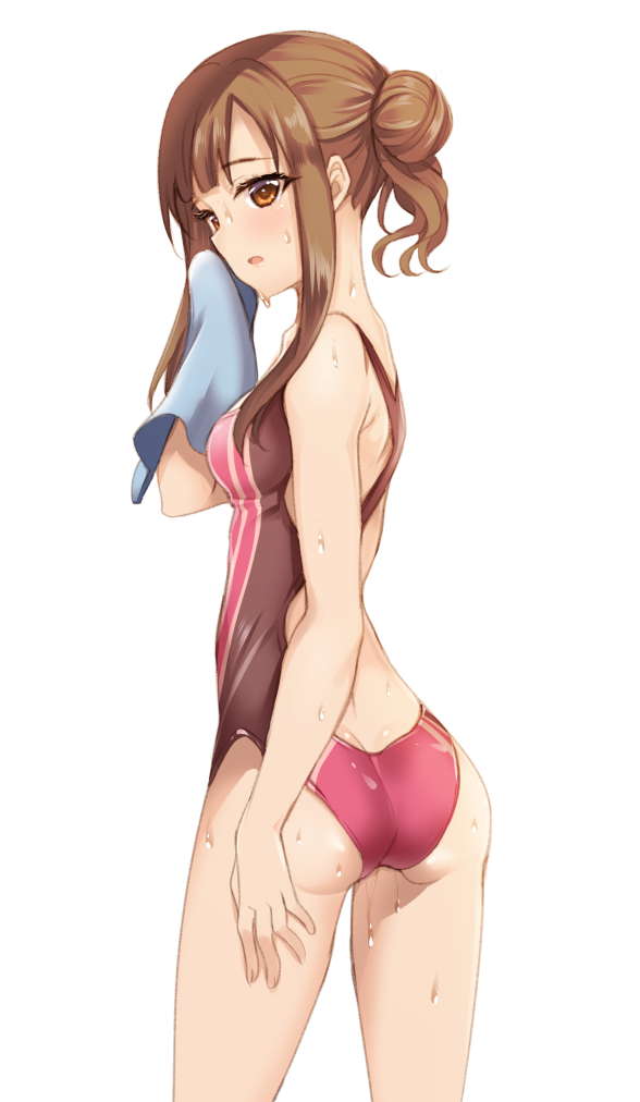 1girl ass bangs blush breasts brown_eyes brown_hair butt_crack competition_swimsuit cowboy_shot from_behind gokubuto_mayuge hand_up holding idolmaster idolmaster_cinderella_girls long_hair looking_back mizumoto_yukari one-piece_swimsuit parted_lips side_bun sidelocks simple_background small_breasts solo swimsuit thighs towel wet white_background
