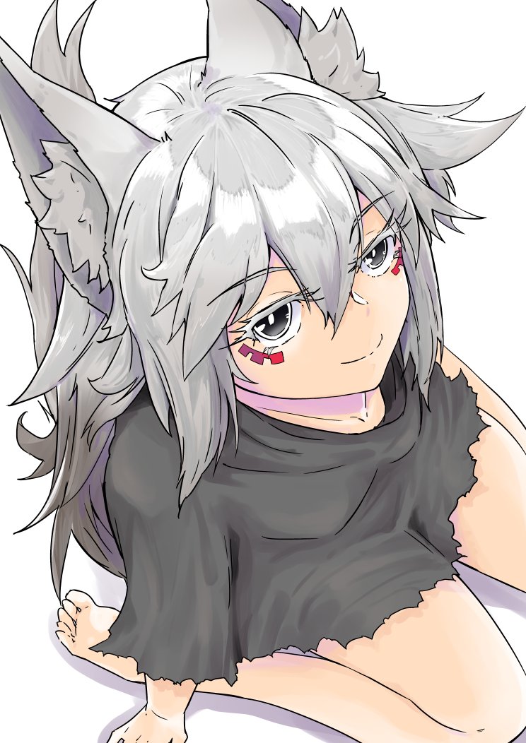 1girl akasha_(syakoba) animal_ears borrowed_character commentary_request facepaint grey_eyes grey_hair looking_at_viewer original simple_background sitting smile tail torn_clothes wariza white_background wolf_ears wolf_tail zooanime