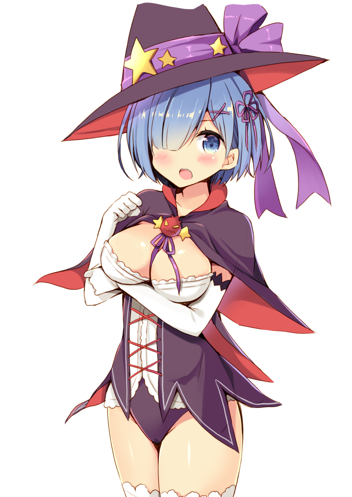 1girl alternate_costume black_cape black_hat black_leotard blue_eyes blue_hair blush bow breast_hold breasts cape cleavage elbow_gloves fang gloves hair_ornament hair_over_one_eye hairclip halloween_costume hat hat_bow leotard medium_breasts mori_airi purple_bow re:zero_kara_hajimeru_isekai_seikatsu rem_(re:zero) shiny shiny_hair shiny_skin short_hair simple_background solo standing star tareme thigh-highs thighs white_background white_gloves white_legwear witch_hat