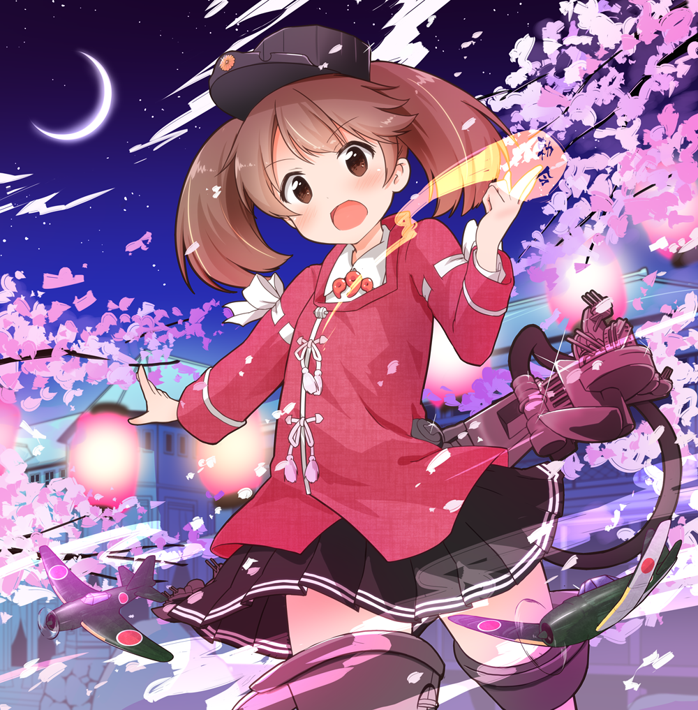 1girl :d aircraft airplane blurry brown_eyes brown_hair cherry_blossoms commentary_request crescent_moon depth_of_field fang japanese_clothes kantai_collection kariginu long_hair looking_at_viewer machinery magatama moon night night_sky open_mouth pleated_skirt remodel_(kantai_collection) ryuujou_(kantai_collection) skirt sky smile solo star_(sky) starry_sky tobi_(nekomata_homara) turret twintails visor_cap