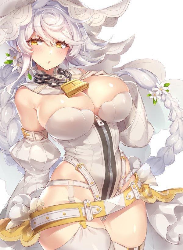 1girl asymmetrical_hair bangs bare_shoulders belt belt_buckle blush braid breasts bridal_veil buckle chain_necklace chains cleavage cosplay detached_collar detached_sleeves fate/extra fate/extra_ccc fate_(series) flower garter_straps gloves hair_flower hair_ornament hand_on_own_chest highleg highleg_leotard hips jitome kantai_collection large_breasts leaf leotard lock long_hair looking_at_viewer open_mouth padlock puffy_sleeves saber_bride saber_bride_(cosplay) saber_extra silver_hair simple_background single_braid solo swept_bangs unryuu_(kantai_collection) veil very_long_hair waist wavy_hair white_background white_gloves white_legwear white_leotard wide_hips yamaarashi yellow_eyes zipper zipper_pull_tab