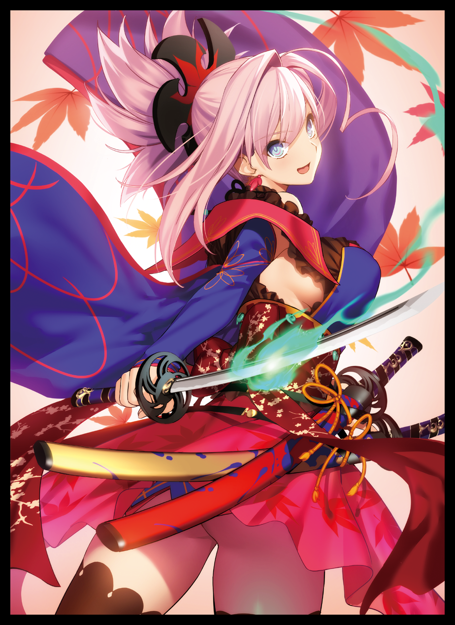 1girl ahoge ass black_legwear blue_eyes bright_pupils cowboy_shot detached_sleeves earrings eyebrows_visible_through_hair fate/grand_order fate_(series) fire from_behind hair_intakes hair_ornament highres japanese_clothes jewelry katana leaf long_sleeves looking_back maple_leaf miyamoto_musashi_(fate/grand_order) obi open_mouth pink_hair ponytail sash sidelocks simple_background skirt smile solo sword thigh-highs weapon wide_sleeves yangsion