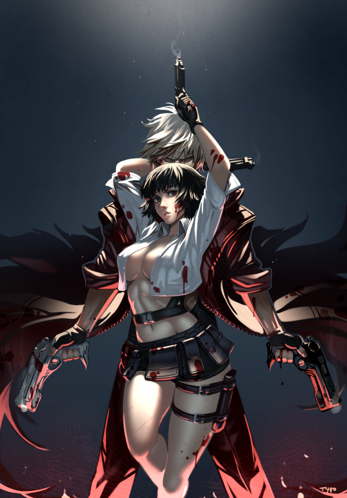 1boy 1girl arms_up black_gloves black_hair blood blood_splatter breasts crop_top dante_(devil_may_cry) devil_may_cry devil_may_cry_3 dual_wielding finger_on_trigger fingerless_gloves frown gloves gun handgun jacket lady_(devil_may_cry) large_breasts leg_strap legs_apart looking_at_viewer navel no_bra pants parted_lips pistol pouch shirt short_hair signature silver_hair sleeves_rolled_up smoke sparks standing typo_(requiemdusk) weapon white_shirt