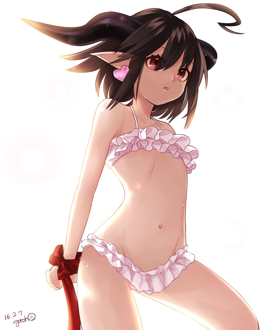 1girl ahoge artist_name bikini borrowed_design bound bound_wrists brown_hair commentary_request dated demon_girl earrings flat_chest frilled_bikini frills gotoh510 heart heart_earrings highres horns jewelry navel original pink_bikini red_eyes red_ribbon ribbon simple_background solo stomach swimsuit white_background