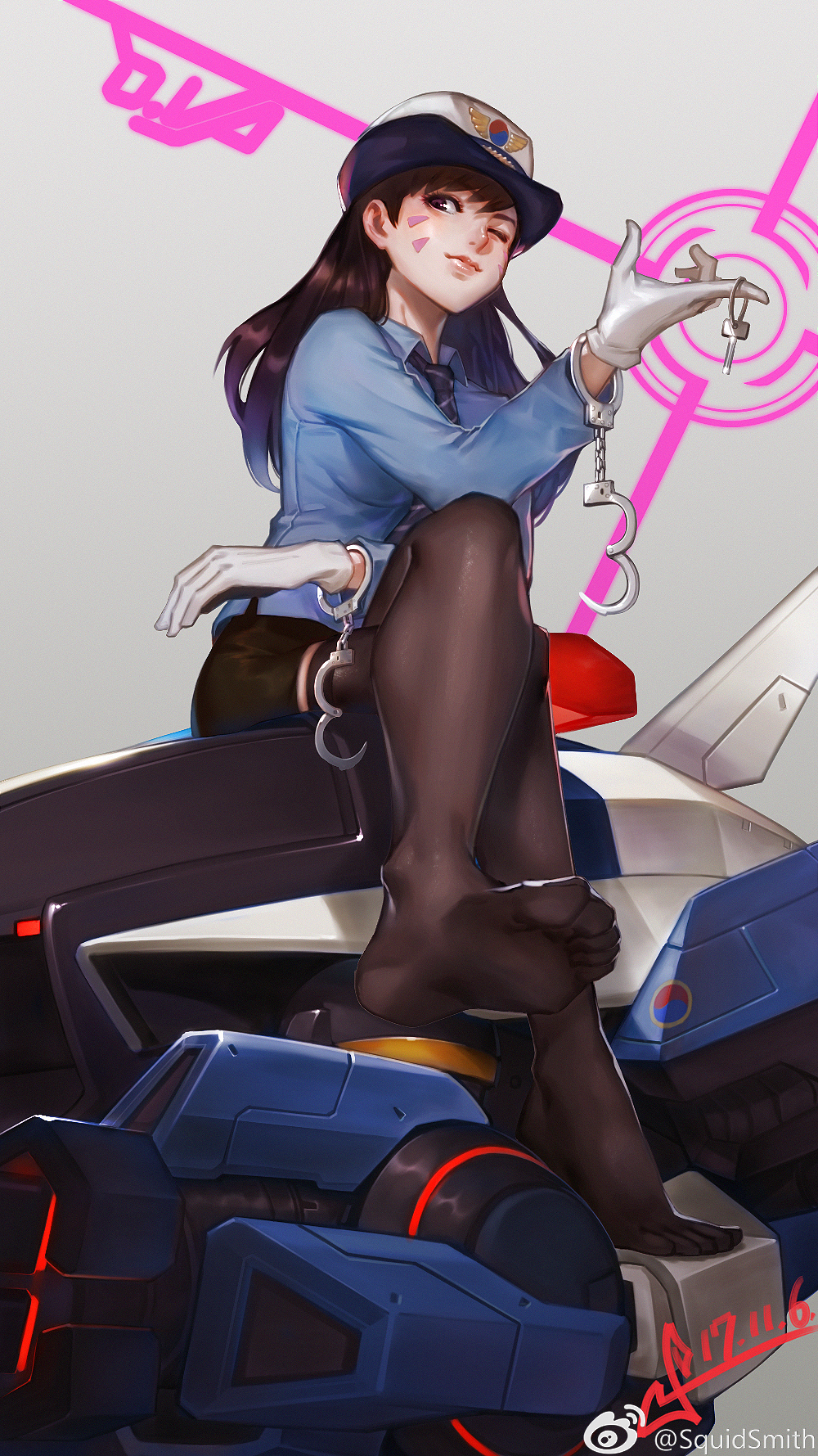 1girl adapted_costume alternate_costume artist_name blue_shirt breast_pocket breasts brown_eyes brown_hair brown_legwear character_name collared_shirt cuffs d.va_(overwatch) facepaint facial_mark feet female_service_cap full_body gloves handcuffs hat highres key long_hair long_sleeves looking_at_viewer mecha medium_breasts meka_(overwatch) miniskirt necktie no_shoes officer_d.va one_eye_closed overwatch pencil_skirt pink_lips pocket police police_hat police_uniform policewoman shirt signature simple_background sitting skirt smile soles solo squidsmith striped_neckwear thigh-highs toes uniform whisker_markings white_background white_gloves