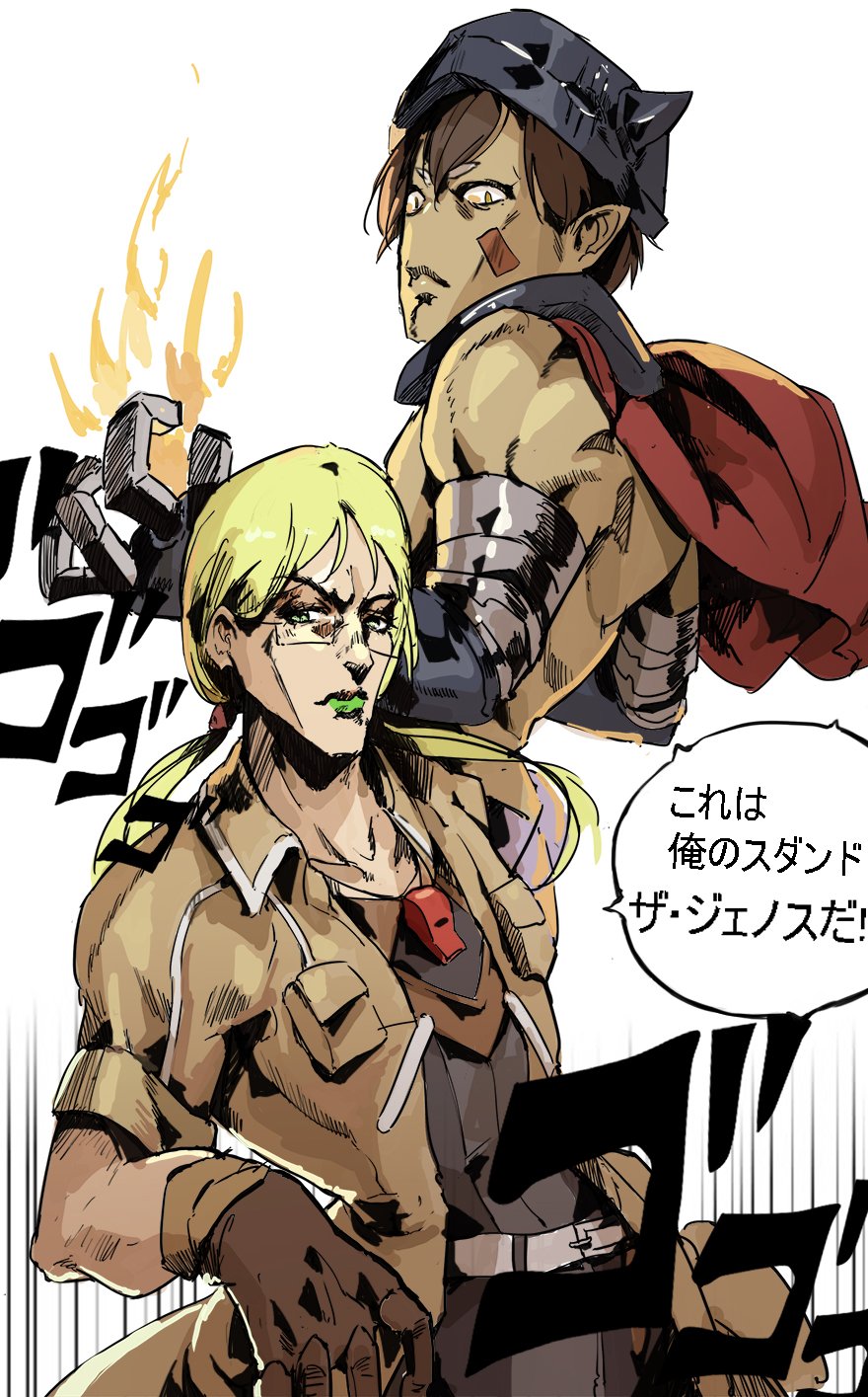 1boy 1girl araki_hirohiko_(style) blonde_hair brown_hair cape facial_mark glasses green_eyes green_lipstick helmet highres horned_helmet jacket jojo_no_kimyou_na_bouken jojo_pose killer_queen kuroduki_(pieat) lipstick looking_at_viewer low_twintails made_in_abyss makeup mechanical_arms muscle parody pose regu_(made_in_abyss) riko_(made_in_abyss) short_sleeves simple_background slit_pupils stand_(jojo) style_parody translation_request twintails whistle white_background