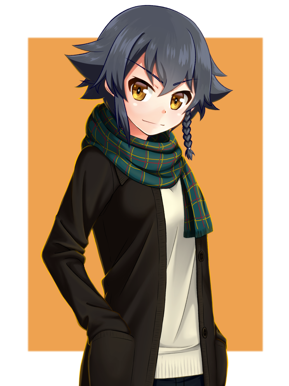 1girl bangs black_sweater braid cardigan casual closed_mouth commentary_request eyebrows_visible_through_hair girls_und_panzer green_scarf hands_in_pockets highres light_smile long_sleeves looking_at_viewer orange_background outside_border pepperoni_(girls_und_panzer) plaid plaid_scarf ruka_(piyopiyopu) scarf shirt short_hair side_braid solo standing sweater upper_body white_shirt