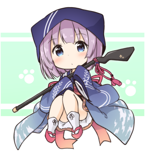 1girl blue_eyes chibi commentary_request headwear japanese_clothes looking_at_viewer obi original sash short_hair silver_hair sleeves_past_wrists solo tobi_(nekomata_homara) wide_sleeves