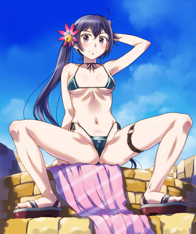 1girl ahoge akebono_(kantai_collection) arm_behind_back bell bikini blue_bikini blush body_blush breasts breasts_apart brick_wall closed_mouth clouds commentary_request day erect_nipples eyebrows_visible_through_hair feet flower full_body groin hair_between_eyes hair_flower hair_ornament hand_on_own_head head_tilt jingle_bell kantai_collection long_hair looking_at_viewer navel outdoors platform_footwear purple_hair same sandals side-tie_bikini side_ponytail sitting sky smile solo spread_legs swimsuit thigh_strap toes very_long_hair