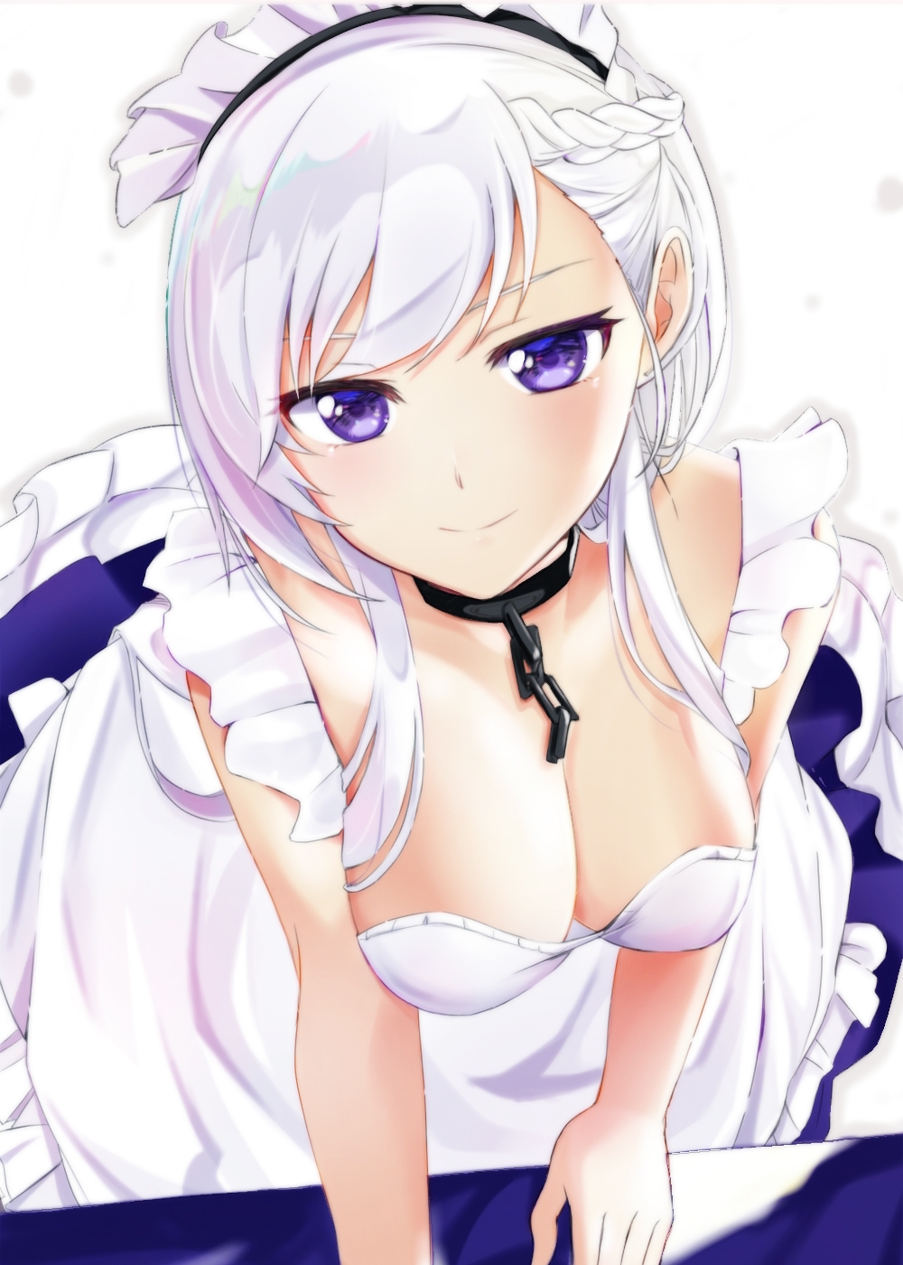 1girl apron azur_lane belfast_(azur_lane) bent_over braid breasts cleavage collar commentary_request french_braid highres kamakura_(abcd-1111-58) large_breasts long_hair looking_at_viewer maid maid_apron maid_headdress smile solo white_hair