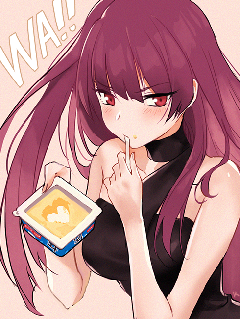 1girl bangs bare_shoulders beige_background black_dress blush breasts closed_mouth collarbone dress eating food girls_frontline heart ice_cream long_hair looking_at_viewer medium_breasts purple_hair rushi_(bloodc) sidelocks simple_background solo strapless tsurime tubetop upper_body violet_eyes wa2000_(girls_frontline)