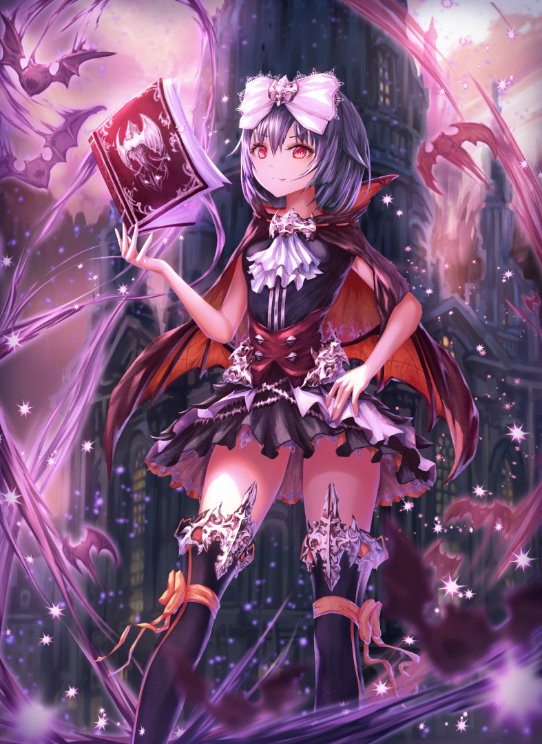 1girl bat black_legwear black_skirt bow cape cravat h2o_(dfo) hair_bow hand_on_hip magic original outdoors purple_hair red_cape red_eyes short_hair skirt standing tower white_bow