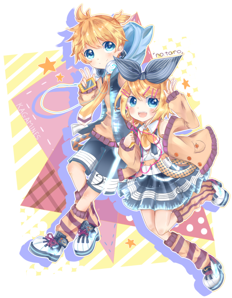 1boy 1girl blonde_hair blue_eyes blush hair_ornament kagamine_len kagamine_rin looking_at_viewer open_mouth peace_symbol school_uniform smile uniform v