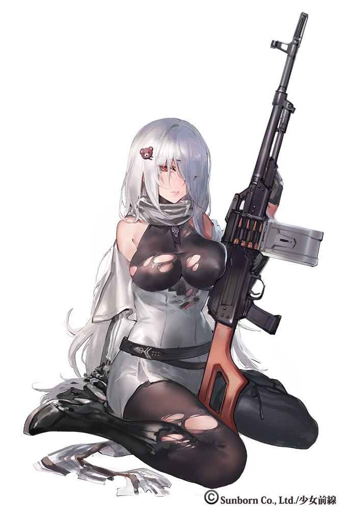1girl ammunition ammunition_belt bare_shoulders bear_hair_ornament belt between_breasts black_footwear blazer blush boots breast_press breasts dress erect_nipples eyebrows eyebrows_visible_through_hair full_body girls_frontline gun hair_between_eyes hair_ornament hair_over_one_eye high_heel_boots high_heels holding holding_gun holding_weapon impossible_clothes jacket kishiyo large_breasts leotard long_hair looking_at_viewer magazine_(weapon) necktie necktie_between_breasts no_bra nose official_art pantyhose parted_lips pk_(girls_frontline) pk_machine_gun pleated_dress red_eyes scarf short_dress simple_background sitting solo strap thigh-highs thigh_boots torn_boots torn_clothes torn_pantyhose torn_thighhighs very_long_hair weapon white_background white_hair white_scarf