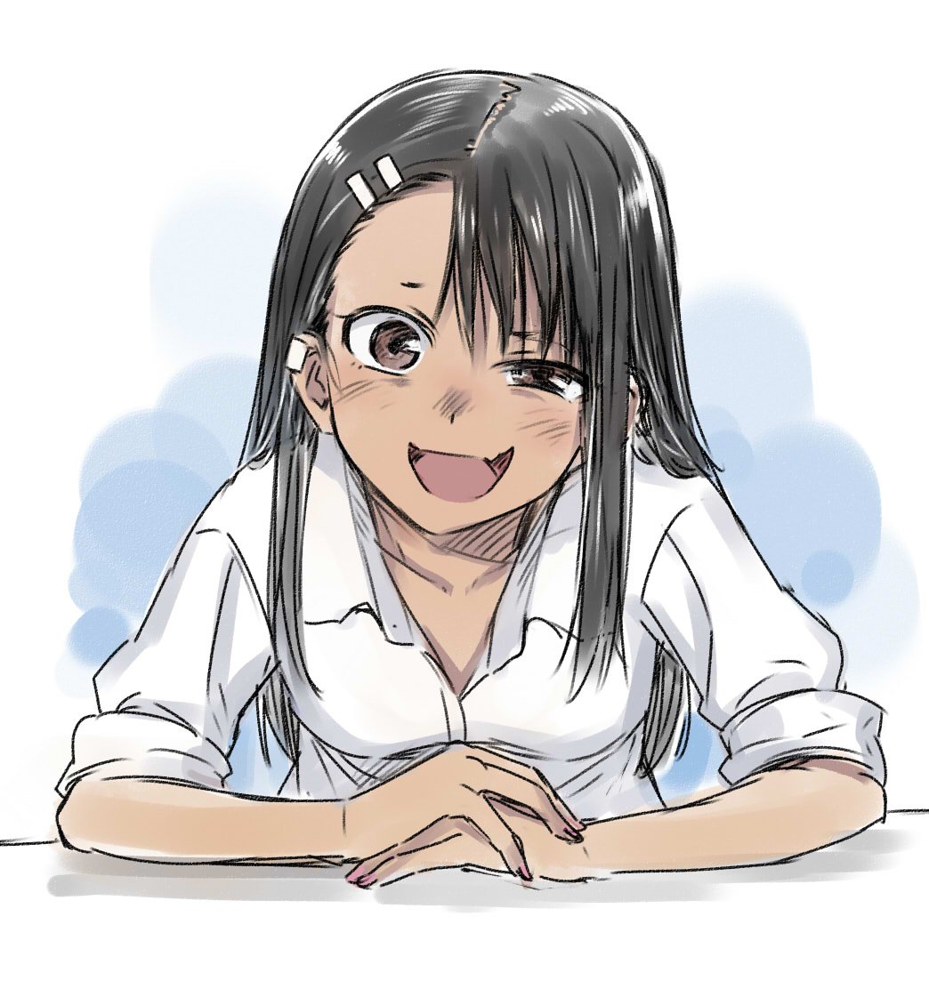 1girl 774_(nanashi) black_hair blush breasts brown_eyes collarbone commentary_request dark_skin ear_piercing fang hair_ornament hairclip leaning_on_object long_hair nagatoro open_mouth original piercing raised_eyebrow shirt sitting sleeves_folded_up small_breasts solo white_shirt