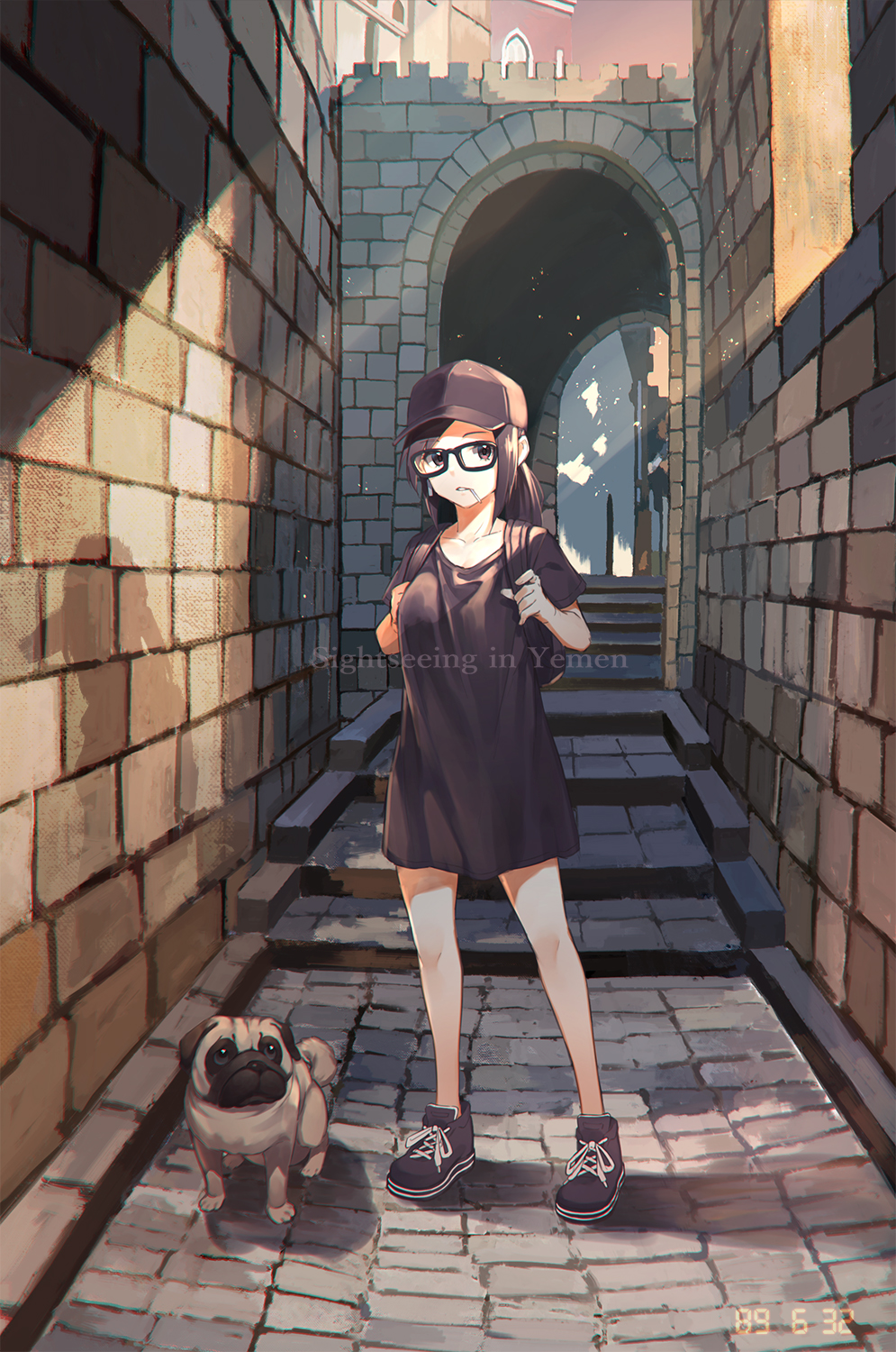 1girl alley animal arch backpack bag bare_legs baseball_cap black-framed_eyewear black_footwear black_hair black_headwear black_shirt brick_wall brown_eyes building collarbone commentary_request day dog english_text full_body glasses hat highres holding_strap kotoribako light_rays long_hair looking_at_viewer low_ponytail mouth_hold no_socks original outdoors oversized_clothes oversized_shirt parted_lips pavement pug shadow shirt shoes short_sleeves sidelocks sneakers solo standing sunbeam sunlight