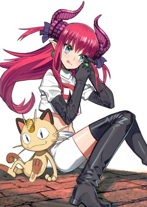 1girl bangs black_footwear black_gloves black_legwear blue_eyes boots character_doll cosplay earrings elbow_gloves fate/extra fate/extra_ccc fate_(series) gloves hair_ribbon horns jewelry knees_together_feet_apart lancer_(fate/extra_ccc) licking_lips long_hair meowth mitsu_taro musashi_(pokemon) musashi_(pokemon)_(cosplay) pink_hair pointy_ears pokemon pokemon_(anime) ribbon sitting skirt solo team_rocket thigh-highs thigh_boots tongue tongue_out white_skirt