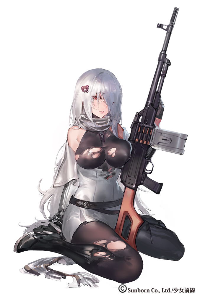 1girl ammunition ammunition_belt bare_shoulders bear_hair_ornament belt between_breasts black_footwear blazer blush boots breast_press breasts dress erect_nipples eyebrows eyebrows_visible_through_hair full_body girls_frontline gun hair_between_eyes hair_ornament hair_over_one_eye high_heel_boots high_heels holding holding_gun holding_weapon impossible_clothes jacket kishiyo large_breasts leotard long_hair looking_at_viewer magazine_(weapon) necktie necktie_between_breasts no_bra nose official_art pantyhose parted_lips pk_(girls_frontline) pk_machine_gun pleated_dress red_eyes revision scarf short_dress simple_background sitting solo strap thigh-highs thigh_boots torn_boots torn_clothes torn_pantyhose torn_thighhighs very_long_hair weapon white_background white_hair white_scarf