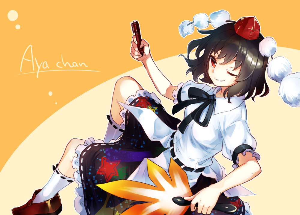 black_hair black_ribbon brown_footwear character_name collared_shirt frilled_skirt frills hat hauchiwa invisible_chair makuwauri one_eye_closed orange_background pen pom_pom_(clothes) red_eyes ribbon shameimaru_aya shirt shoes short_sleeves sitting skirt socks tokin_hat touhou white_legwear white_shirt