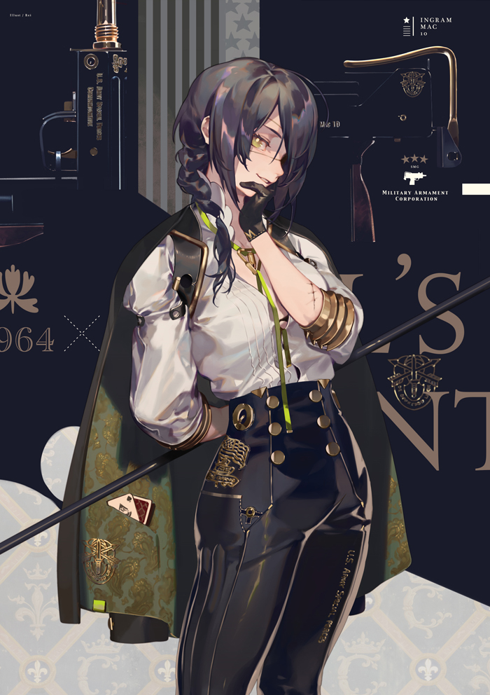 1girl alternate_costume arm_behind_back black_cape black_gloves black_hair black_pants blouse braid breasts cape character_name cowboy_shot eyepatch girls_frontline gloves green_eyes gun hair_over_shoulder hand_on_own_face high_waisted_pants holding long_hair long_sleeves looking_at_viewer mac-10_(girls_frontline) medium_breasts one_eye_covered pants parted_lips rei_(sanbonzakura) scar shirt side_braid sidelocks single_braid sleeves_past_elbows smile solo standing submachine_gun weapon white_blouse white_shirt yellow_eyes