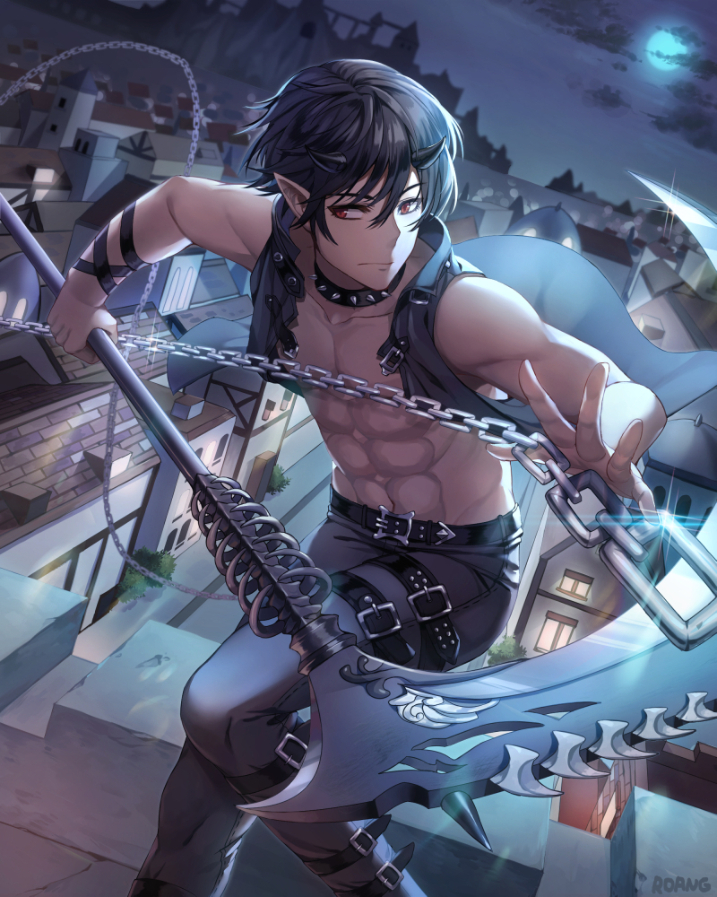 1boy artist_name black_hair choker closed_mouth clouds eyebrows_visible_through_hair holding holding_weapon horns looking_at_viewer moon muscle night original outdoors red_eyes roang scythe shinigami weapon