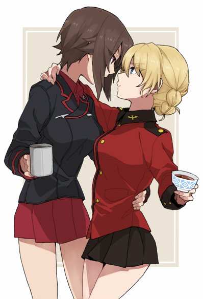 2girls arm_around_neck black_skirt blonde_hair braid breasts brown_hair closed_mouth couple cup darjeeling eye_contact face-to-face female french_braid girls_und_panzer kuromorimine_military_uniform looking_at_another medium_breasts mug multiple_girls mutual_yuri nishizumi_maho outside_border red_skirt ree_(re-19) school_uniform short_hair skirt spread_legs st._gloriana's_military_uniform standing teacup thighs white_background white_border yuri