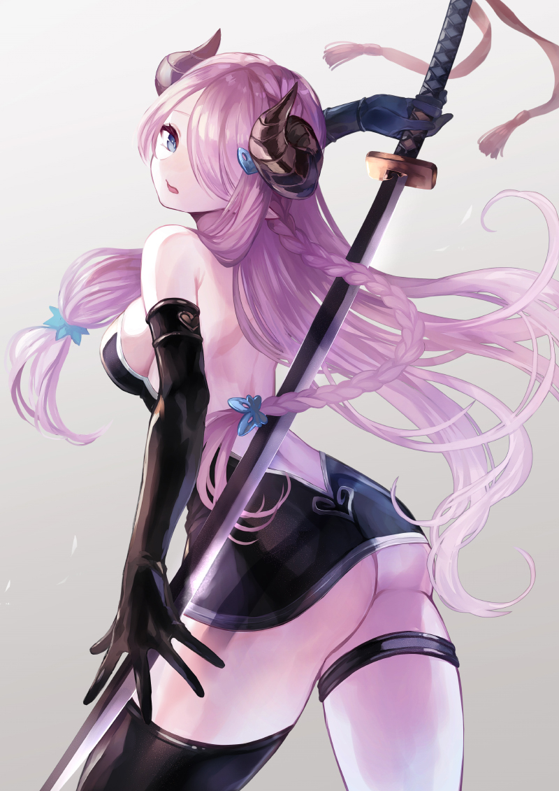 1girl arm_up ass bare_shoulders black_gloves black_legwear blue_eyes braid breasts cowboy_shot doraf elbow_gloves eyebrows_visible_through_hair from_behind gloves gradient gradient_background granblue_fantasy hair_between_eyes hair_ornament hair_over_one_eye holding holding_sword holding_weapon horns katana large_breasts long_hair long_sword narumeia_(granblue_fantasy) natsuiro_xx parted_lips pink_hair single_thighhigh solo sword thigh-highs thigh_strap very_long_hair weapon