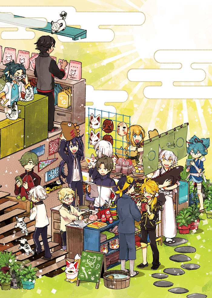 6+boys abacus ahoge bag bandanna black_hair blonde_hair blue_eyes blue_hair brown_hair cactus candy daruma_doll egasumi flag food fox fox_mask glasses gokotai gokotai's_tigers green_eyes green_hair grey_eyes grin hair_over_one_eye hakata_toushirou heshikiri_hasebe honebami_toushirou jacket japanese_clothes karasmo konnosuke lollipop male_focus mask midare_toushirou mikazuki_munechika multiple_boys namazuo_toushirou ookurikara open_mouth ponytail red-framed_eyewear sayo_samonji shishiou smile stairs stuffed_dinosaur sun sunglasses swirl_lollipop taikogane_sadamune tengu_mask tiger tiger_cub touken_ranbu track_jacket tsurumaru_kuninaga uguisumaru violet_eyes white_hair white_tiger yellow_eyes