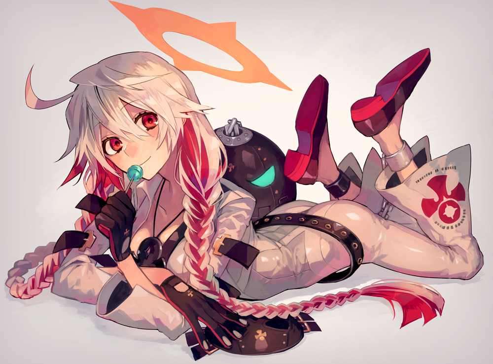 1girl alternate_hairstyle ass bangs belt black_footwear blush bodysuit braid candy closed_mouth eyebrows_visible_through_hair food full_body grey_bodysuit guilty_gear hair_between_eyes halo jack-o_(guilty_gear) lollipop long_hair looking_at_viewer lying on_stomach red_eyes redhead shoes sidelocks silver_hair smile solo suzunashi twin_braids