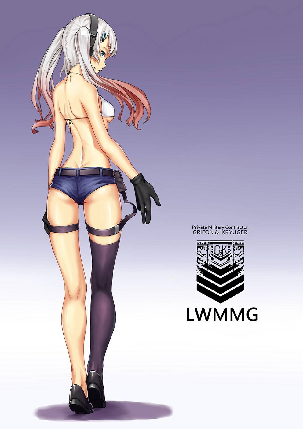 1girl ass bangs bikini bikini_top black_footwear black_gloves black_legwear blue_background blue_eyes breasts closed_mouth from_behind full_body girls_frontline gloves gradient gradient_background gradient_hair grey_hair hair_ornament hairclip halter_top halterneck headphones headset highres loafers long_hair lwmmg_(girls_frontline) multicolored_hair profile shixu_shimian shoes short_shorts shorts sideboob sidelocks simple_background single_thighhigh small_breasts solo swimsuit thigh-highs thigh_strap thighs twintails white_bikini white_bikini_top