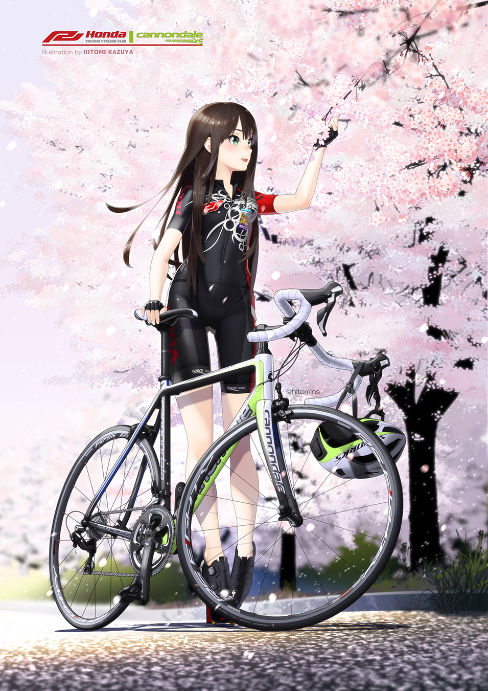 1girl bicycle bicycle_helmet bike_jersey black_gloves blush brown_hair cannondale cherry_blossoms day fingerless_gloves full_body gloves gluteal_fold green_eyes ground_vehicle headwear_removed helmet helmet_removed high_heels highres hitomi_kazuya idolmaster idolmaster_cinderella_girls long_hair open_mouth outdoors petals shibuya_rin smile solo standing