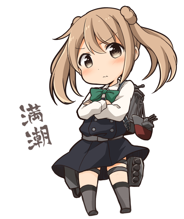 1girl brown_hair chibi commentary_request crossed_arms double_bun grey_eyes kantai_collection long_hair looking_at_viewer machinery michishio_(kantai_collection) pleated_skirt remodel_(kantai_collection) school_uniform simple_background skirt solo tobi_(nekomata_homara) translated turret white_background