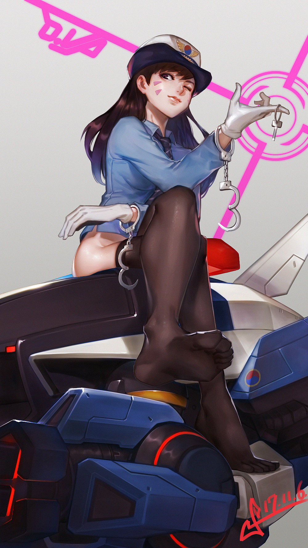 1girl alternate_costume artist_name blue_shirt breast_pocket breasts brown_eyes brown_hair brown_legwear character_name collared_shirt cuffs d.va_(overwatch) facepaint facial_mark feet female_service_cap full_body gloves handcuffs hat highres key long_hair long_sleeves looking_at_viewer mecha medium_breasts meka_(overwatch) necktie no_panties no_pants no_shoes officer_d.va one_eye_closed overwatch pencil_skirt pink_lips pocket police police_hat police_uniform policewoman shirt signature simple_background sitting skirt smile soles solo squidsmith striped_neckwear thigh-highs toes uniform whisker_markings white_background white_gloves