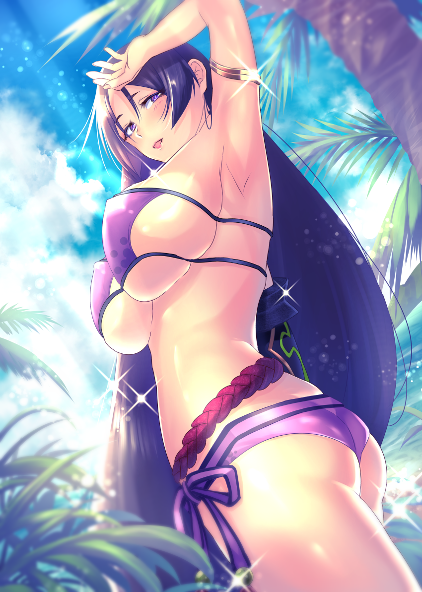 1girl armlet armpits artist_request bikini blush breasts cowboy_shot eyepatch_bikini fate/grand_order fate_(series) from_side large_breasts long_hair looking_at_viewer looking_to_the_side minamoto_no_raikou_(fate/grand_order) minamoto_no_raikou_(swimsuit_lancer)_(fate) parted_lips purple_bikini purple_hair smile solo swimsuit very_long_hair violet_eyes
