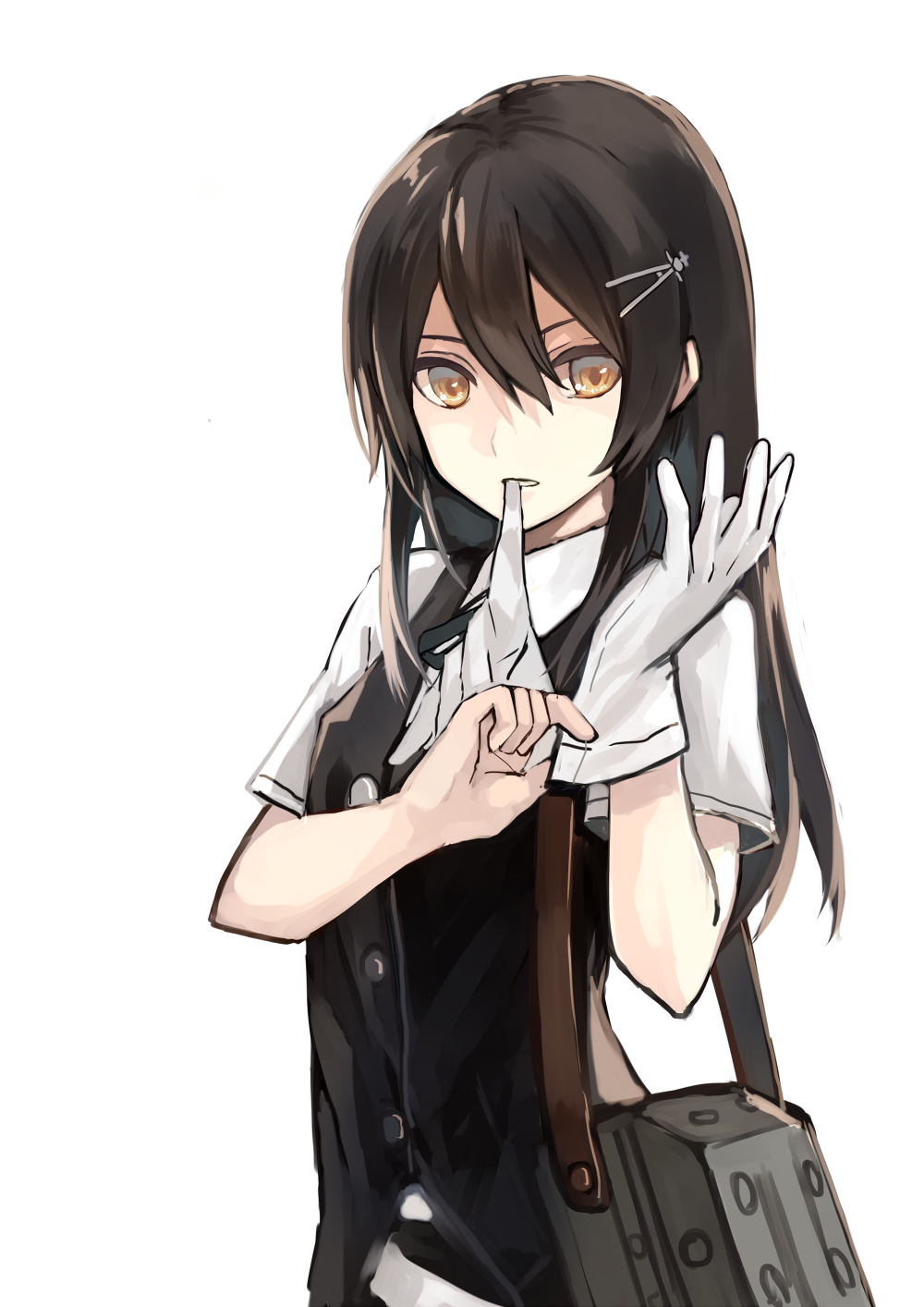 1girl adjusting_clothes adjusting_gloves black_hair blush brown_eyes commentary_request gloves hair_between_eyes hair_ornament hairclip highres kantai_collection long_hair looking_at_viewer mouth_hold natsuyuki oyashio_(kantai_collection) school_uniform short_sleeves simple_background solo vest white_background white_gloves