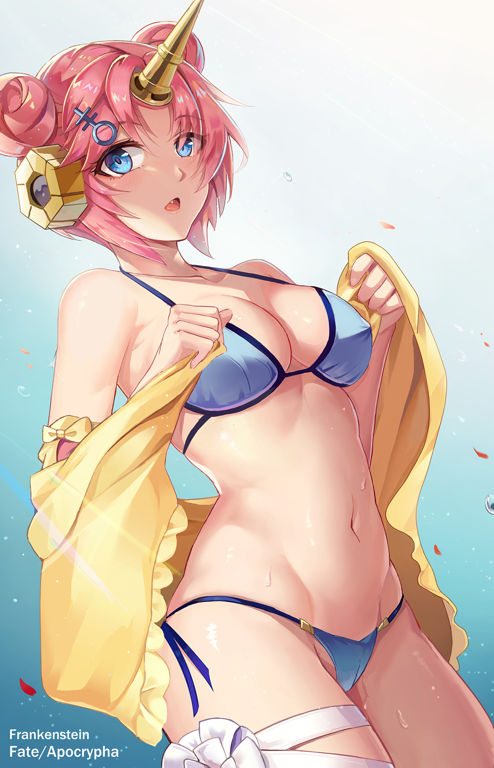 1girl :o bangs bare_shoulders berserker_of_black bikini blue_background blue_bikini blue_eyes blush breasts character_name collarbone copyright_name cowboy_shot double_bun dutch_angle erect_nipples eyebrows_visible_through_hair fanf fang fate/apocrypha fate/grand_order fate_(series) frankenstein's_monster_(swimsuit_saber)_(fate) gradient gradient_background hair_ornament hairclip headgear highres holding horn l.bou looking_at_viewer medium_breasts navel open_mouth parted_bangs pink_hair revision short_hair side-tie_bikini solo standing stomach swimsuit thigh_strap wet