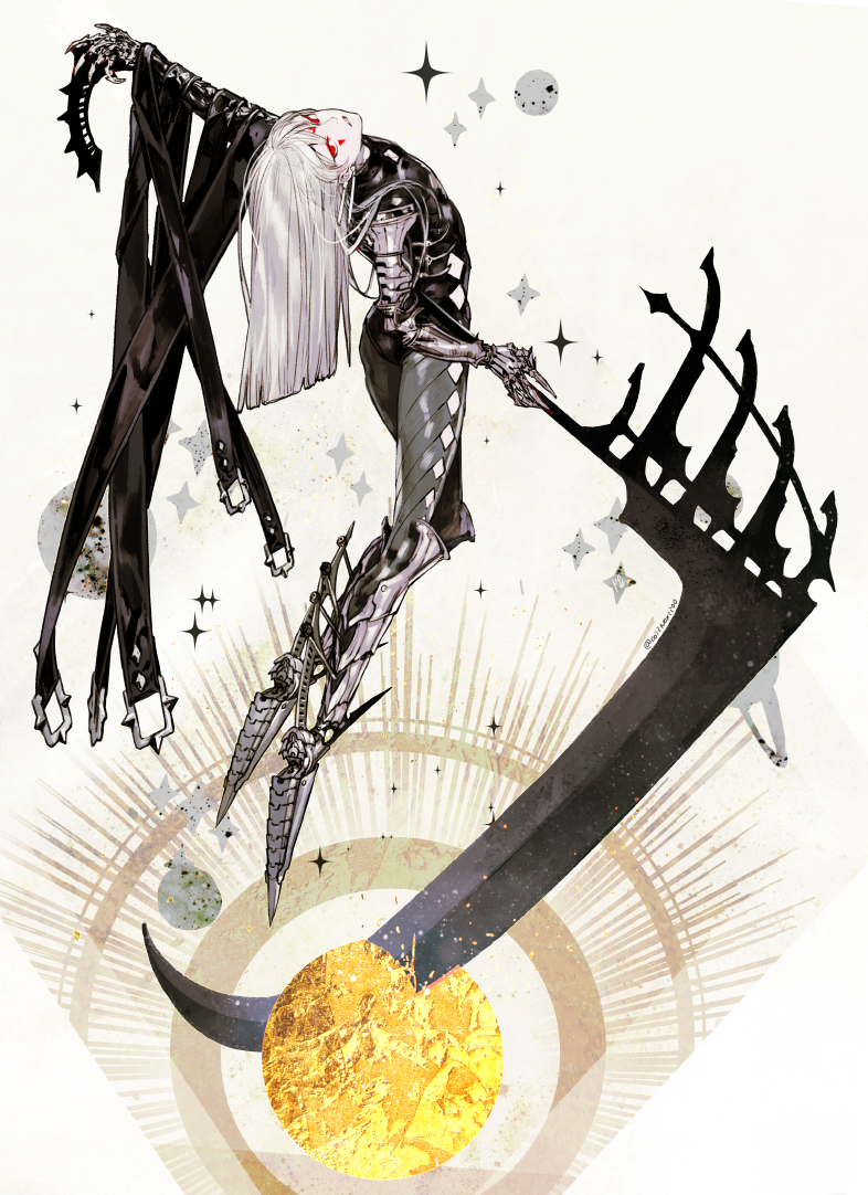 1girl armor bangs bodysuit boots floating grey_background holding holding_weapon long_hair looking_at_viewer looking_back mechanical_arms oollnoxlloo original planet red_eyes scythe silver_hair solo sun weapon