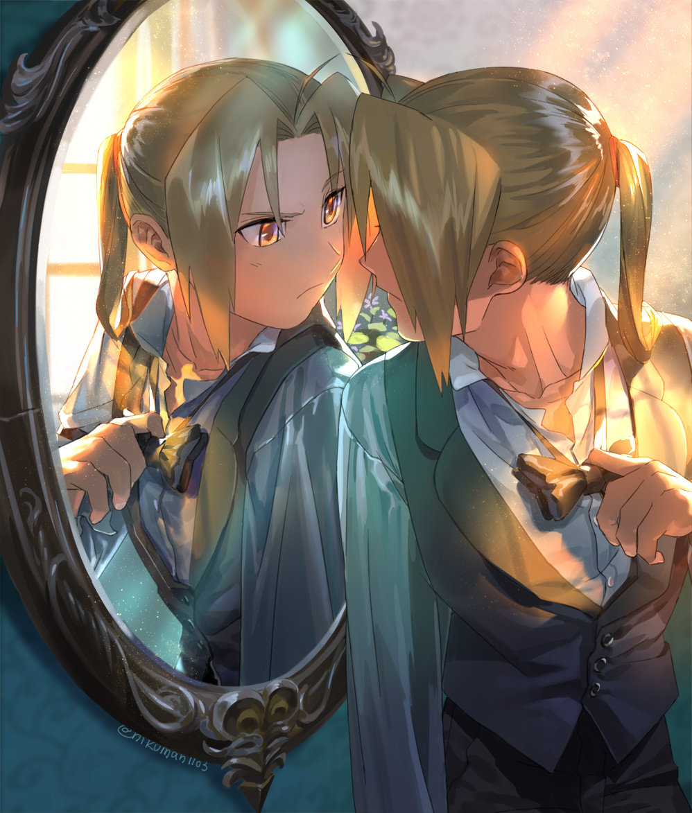 1boy adjusting_clothes ahoge blonde_hair bow bowtie collared_shirt dress_shirt edward_elric formal frown fullmetal_alchemist holy_pumpkin long_hair long_sleeves looking_at_mirror male_focus mirror ponytail reflection revision shirt solo sunlight twitter_username vest white_shirt yellow_eyes